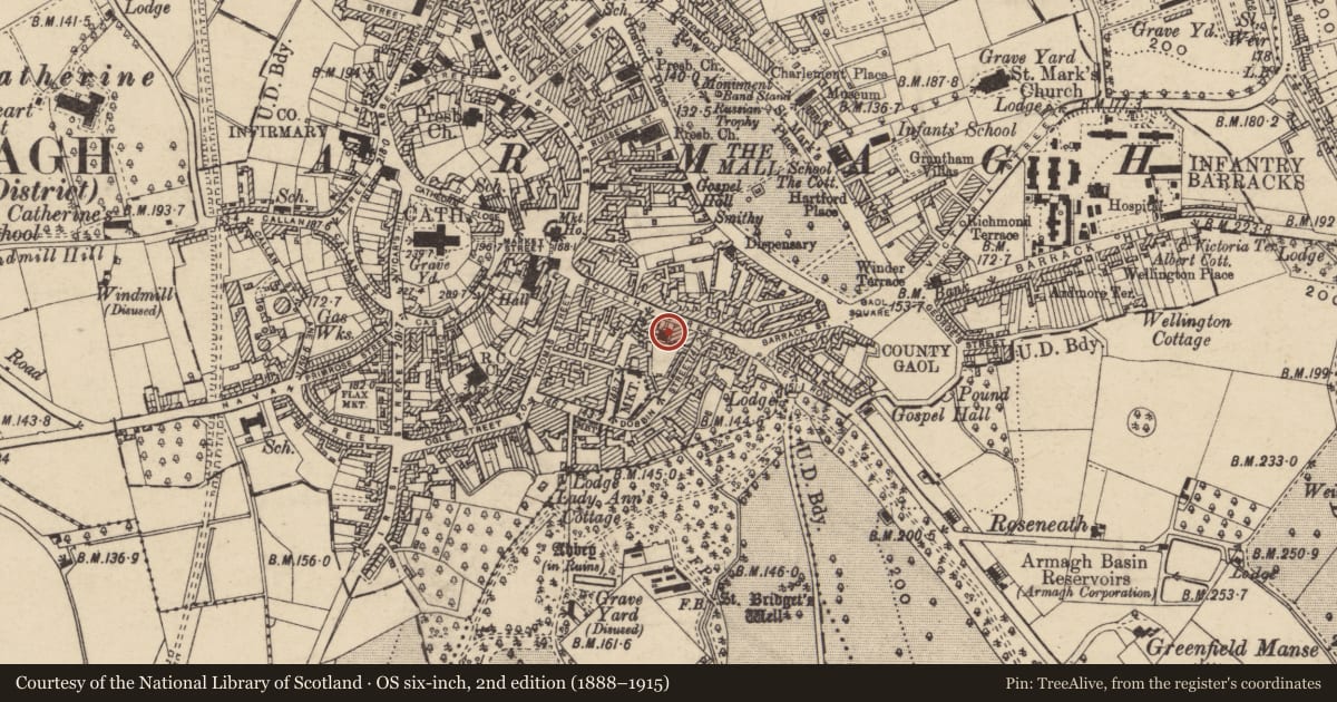 Ordnance Survey six-inch map, 2nd edition (1888–1915) covering the location of Bank Of Ireland, Armagh City, Banbridge and Craigavon, with a pin at the register's coordinates
