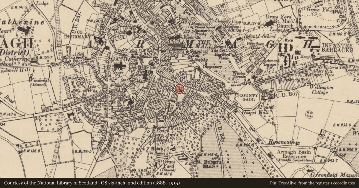 Ordnance Survey six-inch map, 2nd edition (1888–1915) covering the location of Armagh Boys' Club, Armagh City, Banbridge and Craigavon, with a pin at the register's coordinates