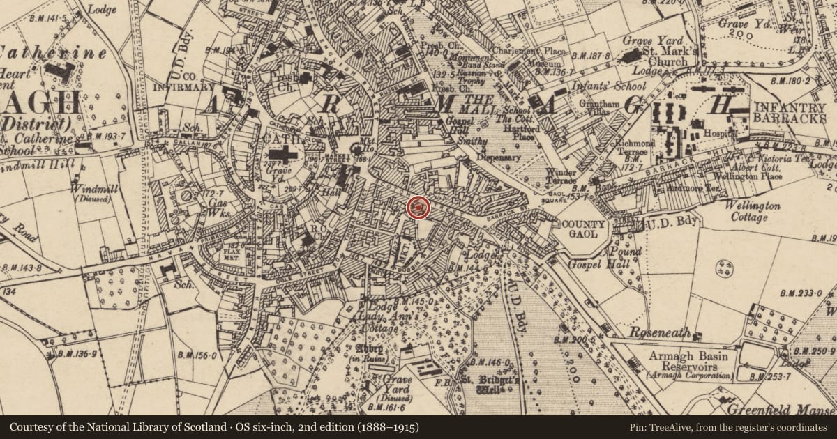 Ordnance Survey six-inch map, 2nd edition (1888–1915) covering the location of 40 Scotch St., Armagh City, Banbridge and Craigavon, with a pin at the register's coordinates