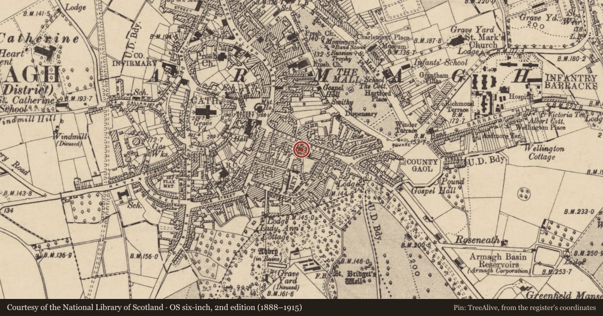 Ordnance Survey six-inch map, 2nd edition (1888–1915) covering the location of 42 Scotch St., Armagh City, Banbridge and Craigavon, with a pin at the register's coordinates