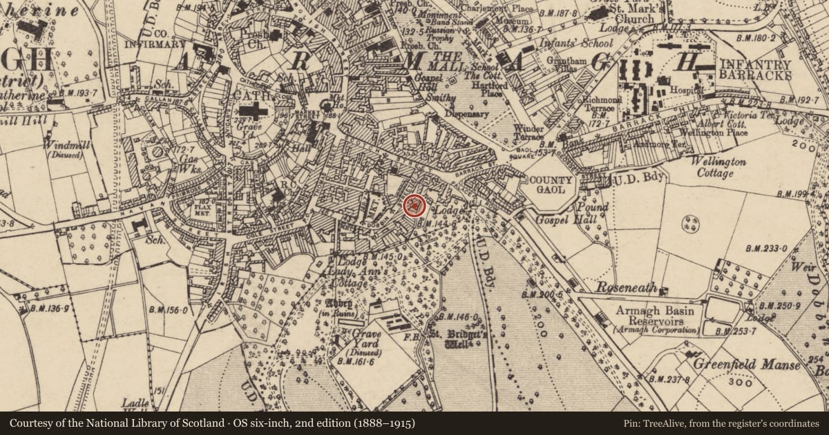Ordnance Survey six-inch map, 2nd edition (1888–1915) covering the location of 12-14 Dobbin St., Armagh City, Banbridge and Craigavon, with a pin at the register's coordinates