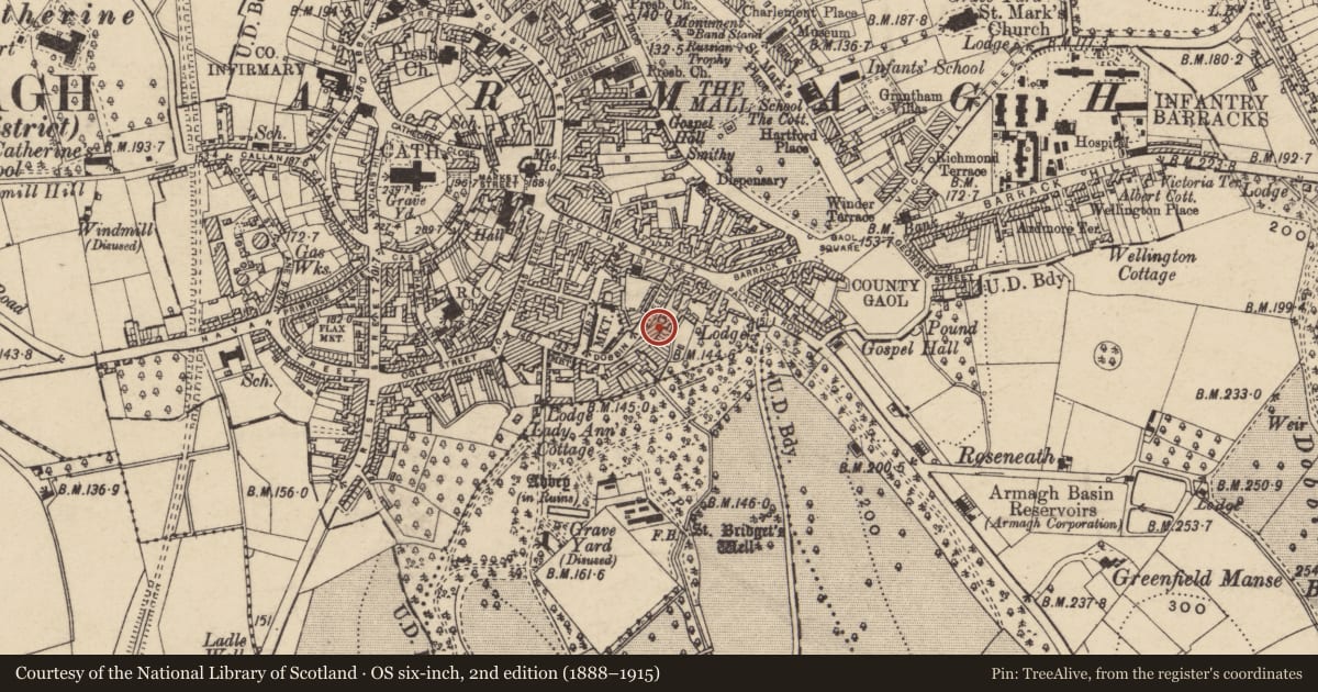 Ordnance Survey six-inch map, 2nd edition (1888–1915) covering the location of 16 Dobbin St., Armagh City, Banbridge and Craigavon, with a pin at the register's coordinates