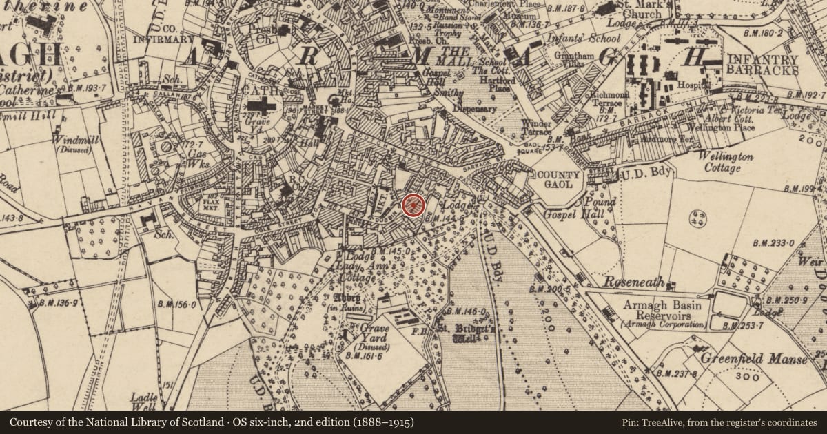 Ordnance Survey six-inch map, 2nd edition (1888–1915) covering the location of 20 Dobbin St., Armagh City, Banbridge and Craigavon, with a pin at the register's coordinates