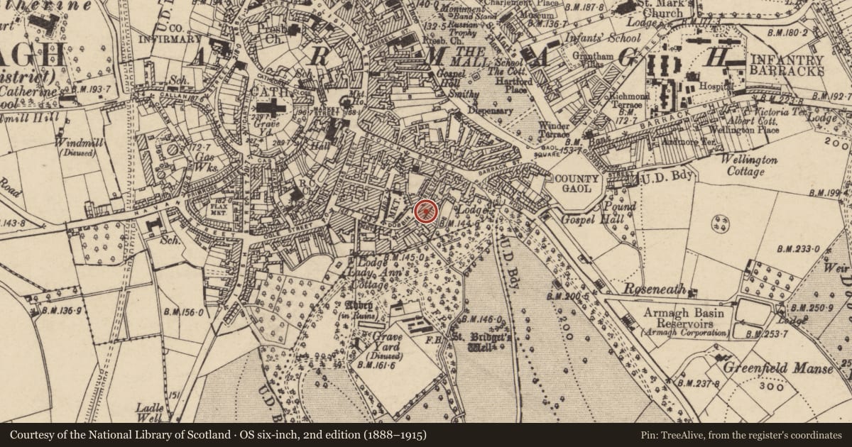 Ordnance Survey six-inch map, 2nd edition (1888–1915) covering the location of 22 Dobbin St., Armagh City, Banbridge and Craigavon, with a pin at the register's coordinates