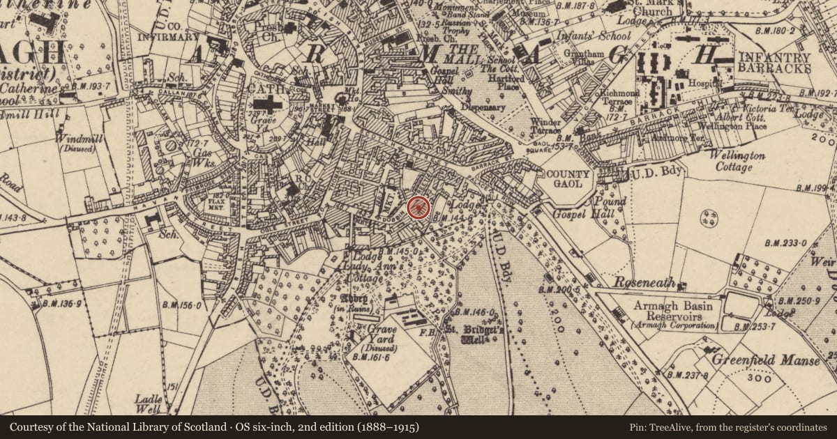 Ordnance Survey six-inch map, 2nd edition (1888–1915) covering the location of 24 Dobbin St., Armagh City, Banbridge and Craigavon, with a pin at the register's coordinates