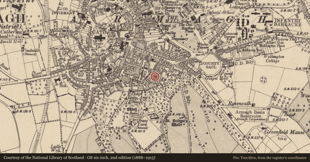 Ordnance Survey six-inch map, 2nd edition (1888–1915) covering the location of 26 Dobbin St., Armagh City, Banbridge and Craigavon, with a pin at the register's coordinates