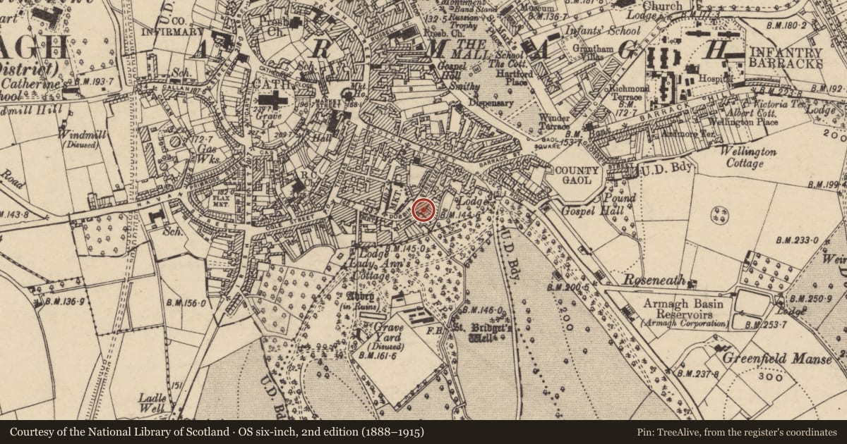 Ordnance Survey six-inch map, 2nd edition (1888–1915) covering the location of 28 Dobbin St., Armagh City, Banbridge and Craigavon, with a pin at the register's coordinates