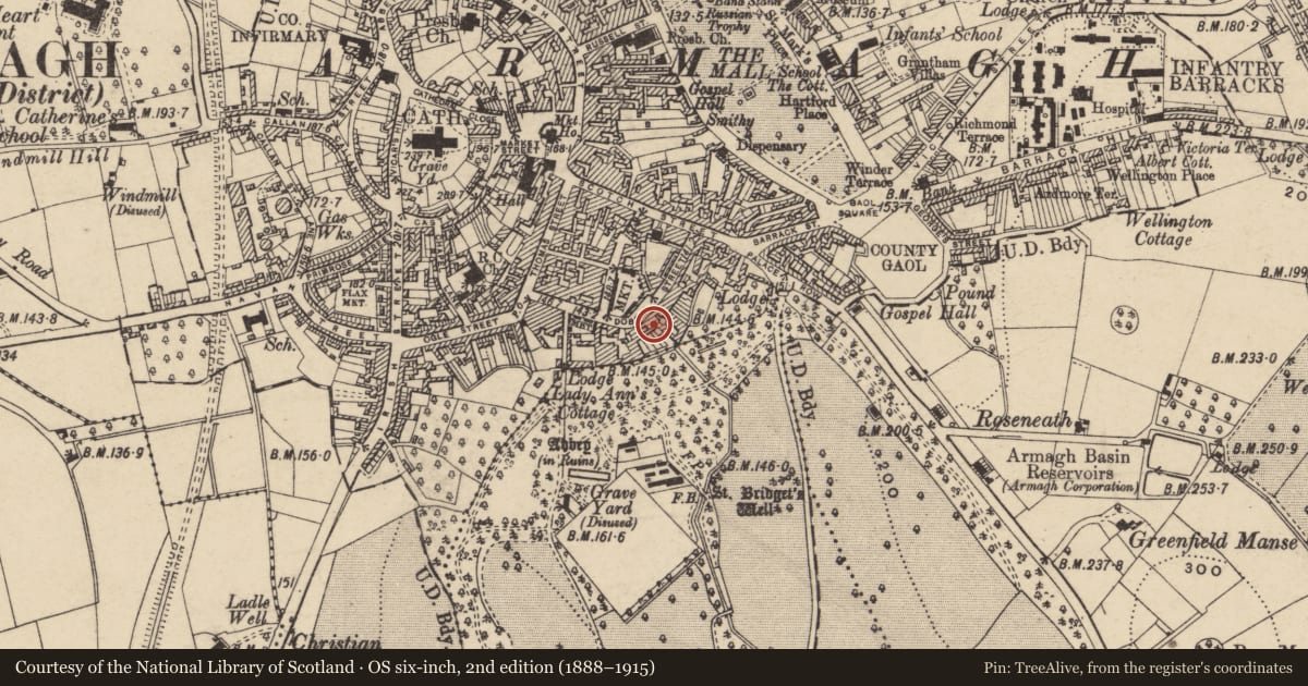 Ordnance Survey six-inch map, 2nd edition (1888–1915) covering the location of 34 Dobbin St., Armagh City, Banbridge and Craigavon, with a pin at the register's coordinates