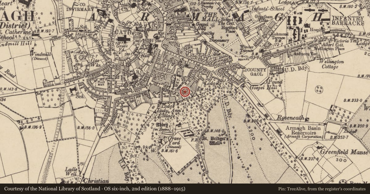 Ordnance Survey six-inch map, 2nd edition (1888–1915) covering the location of 36 Dobbin St., Armagh City, Banbridge and Craigavon, with a pin at the register's coordinates