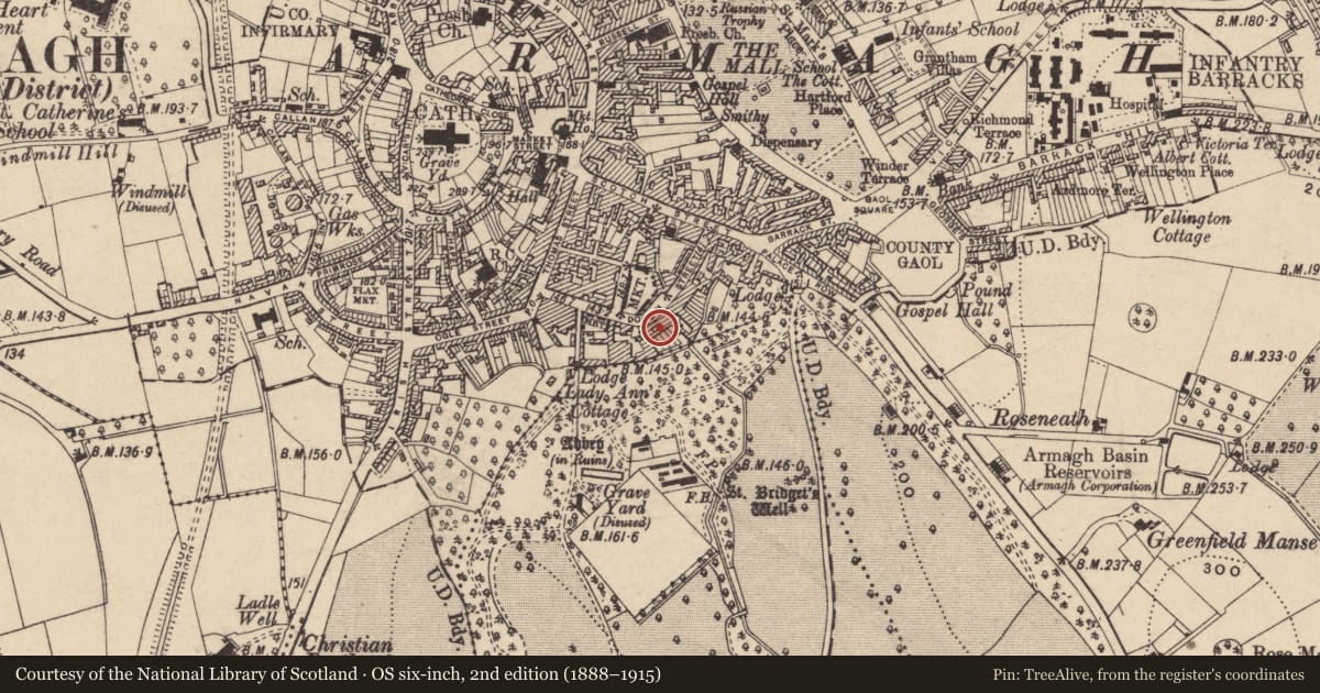 Ordnance Survey six-inch map, 2nd edition (1888–1915) covering the location of 38 Dobbin St., Armagh City, Banbridge and Craigavon, with a pin at the register's coordinates