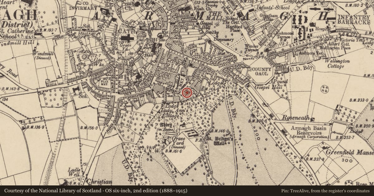 Ordnance Survey six-inch map, 2nd edition (1888–1915) covering the location of 40 Dobbin St., Armagh City, Banbridge and Craigavon, with a pin at the register's coordinates