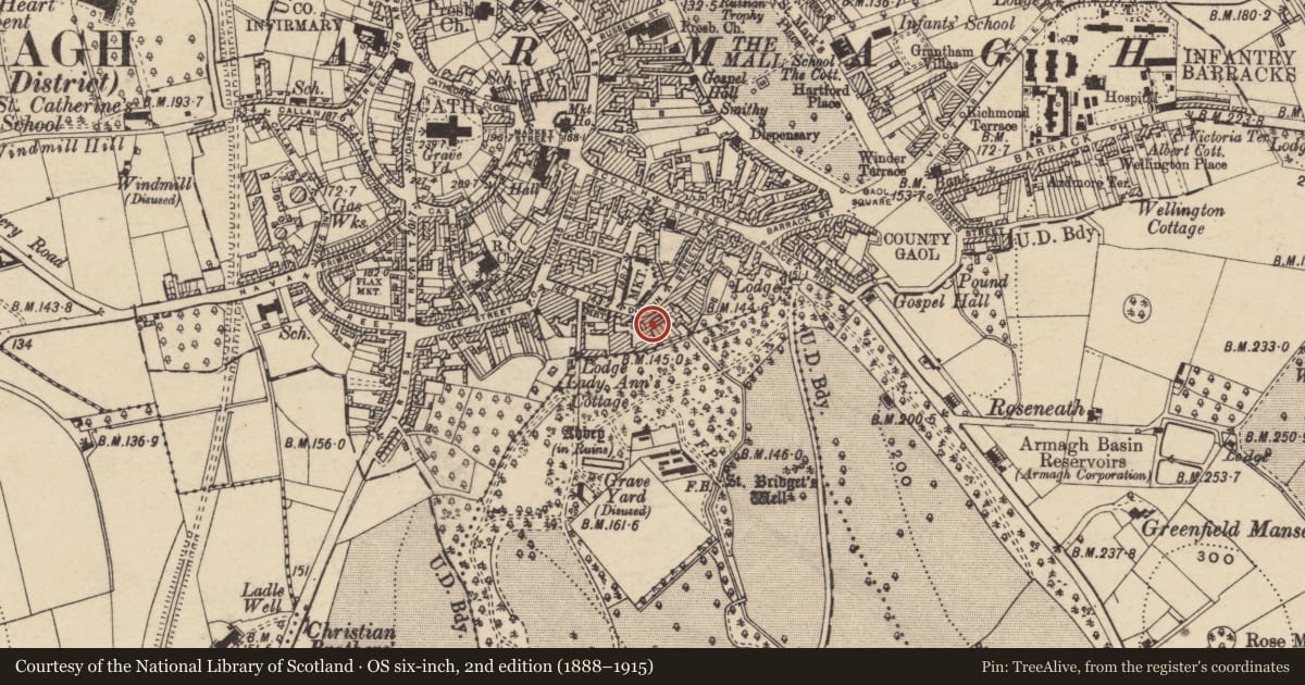 Ordnance Survey six-inch map, 2nd edition (1888–1915) covering the location of 42 Dobbin St., Armagh City, Banbridge and Craigavon, with a pin at the register's coordinates