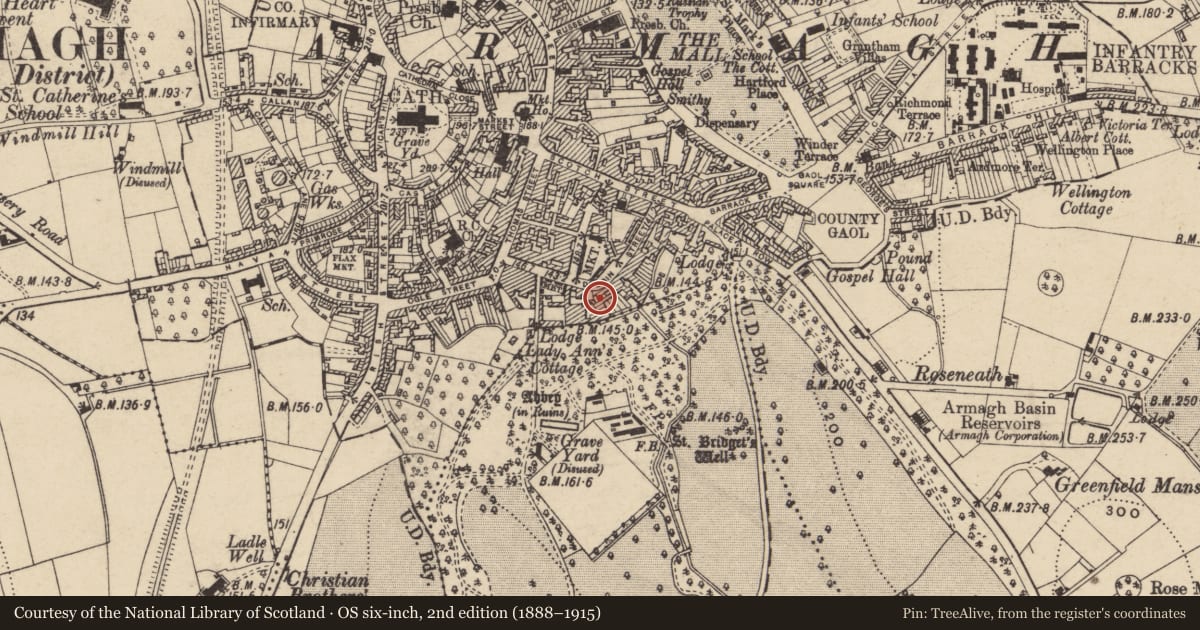 Ordnance Survey six-inch map, 2nd edition (1888–1915) covering the location of 44 Dobbin St., Armagh City, Banbridge and Craigavon, with a pin at the register's coordinates