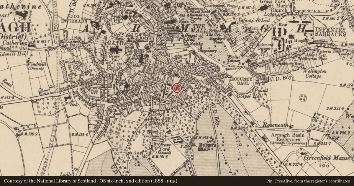 Ordnance Survey six-inch map, 2nd edition (1888–1915) covering the location of 5-9 Dobbin St., Armagh City, Banbridge and Craigavon, with a pin at the register's coordinates