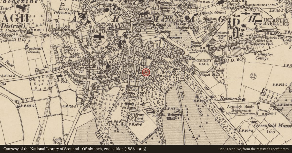 Ordnance Survey six-inch map, 2nd edition (1888–1915) covering the location of Gateway Arch, Armagh City, Banbridge and Craigavon, with a pin at the register's coordinates