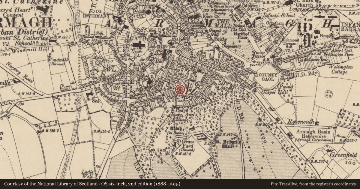Ordnance Survey six-inch map, 2nd edition (1888–1915) covering the location of 21 Dobbin St., Armagh City, Banbridge and Craigavon, with a pin at the register's coordinates