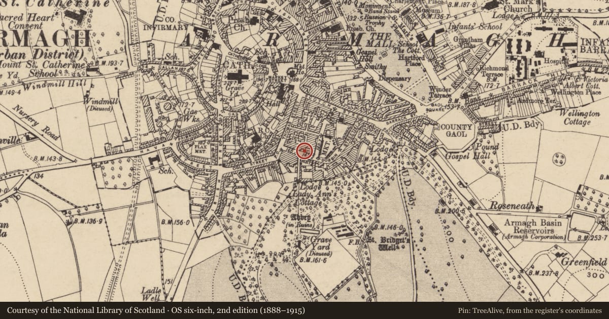 Ordnance Survey six-inch map, 2nd edition (1888–1915) covering the location of 23 Dobbin St., Armagh City, Banbridge and Craigavon, with a pin at the register's coordinates