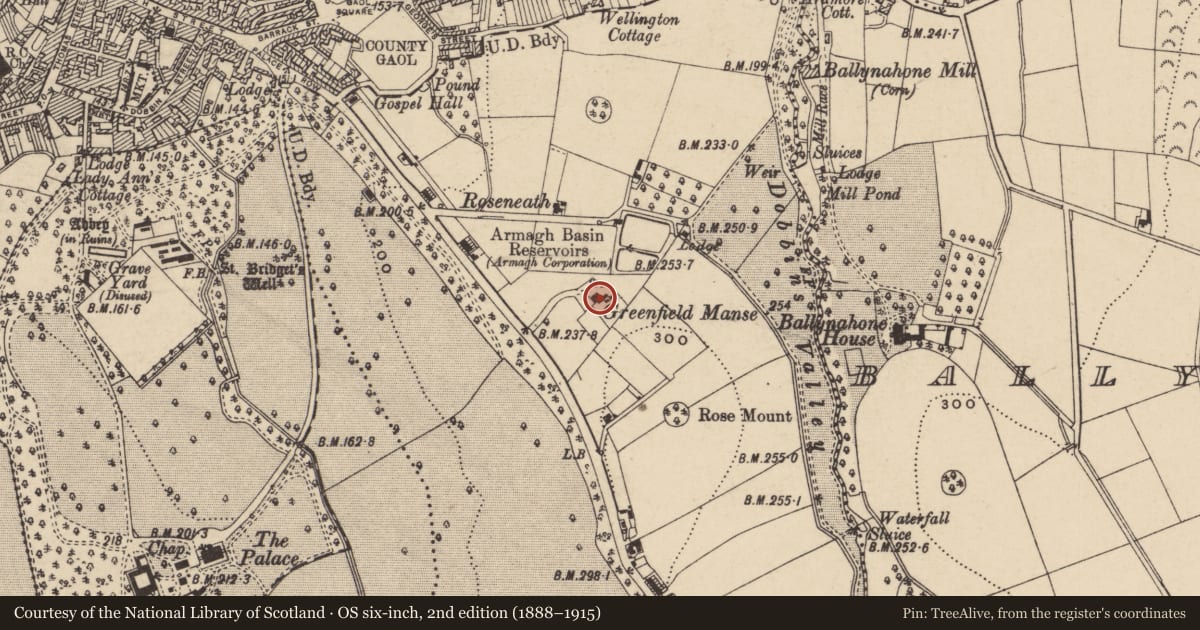 Ordnance Survey six-inch map, 2nd edition (1888–1915) covering the location of Greenfield Manse, Armagh City, Banbridge and Craigavon, with a pin at the register's coordinates