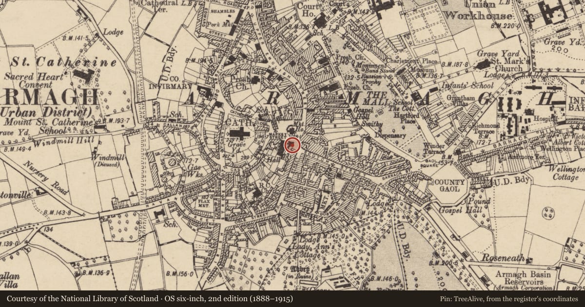 Ordnance Survey six-inch map, 2nd edition (1888–1915) covering the location of Northern Bank, Armagh City, Banbridge and Craigavon, with a pin at the register's coordinates