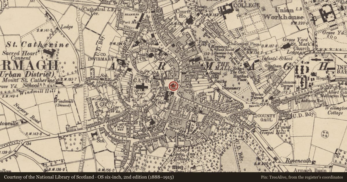 Ordnance Survey six-inch map, 2nd edition (1888–1915) covering the location of 8-18 Market St., Armagh City, Banbridge and Craigavon, with a pin at the register's coordinates