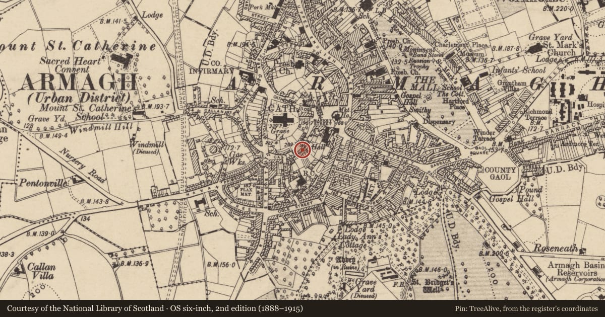 Ordnance Survey six-inch map, 2nd edition (1888–1915) covering the location of 14-36 Castle St., Armagh City, Banbridge and Craigavon, with a pin at the register's coordinates