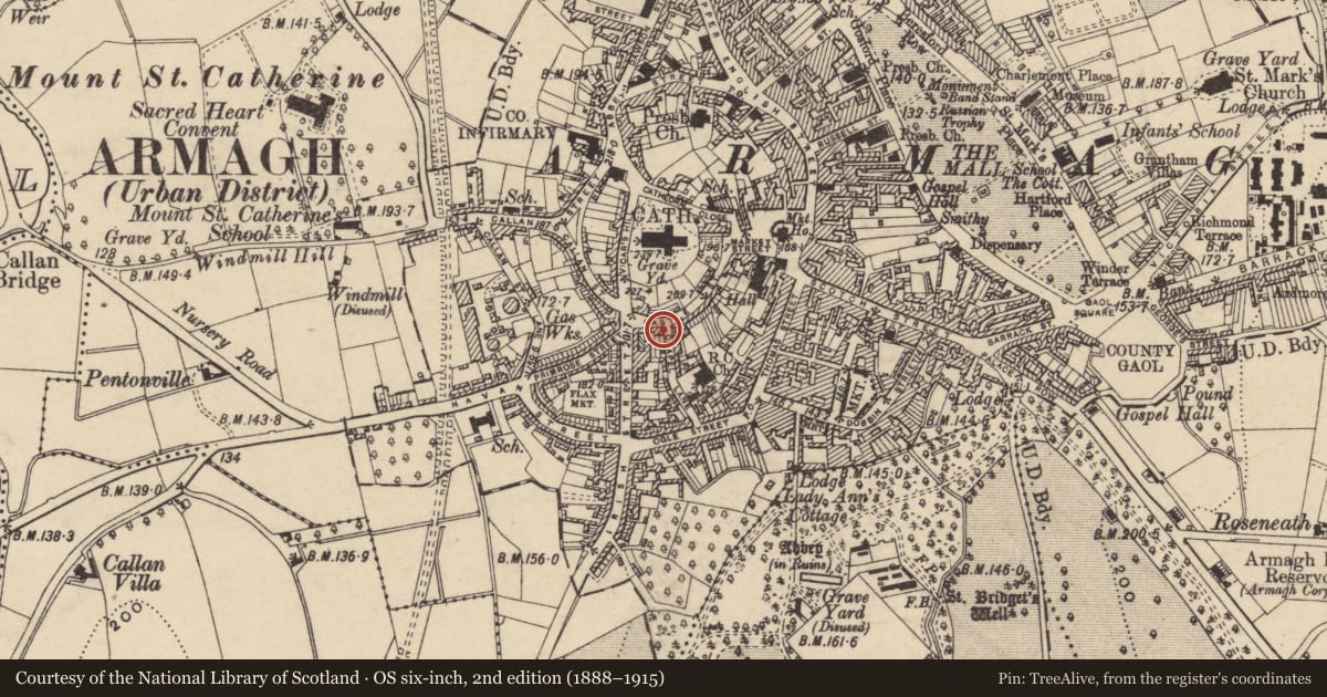 Ordnance Survey six-inch map, 2nd edition (1888–1915) covering the location of 48-50 Castle Street, Armagh City, Banbridge and Craigavon, with a pin at the register's coordinates