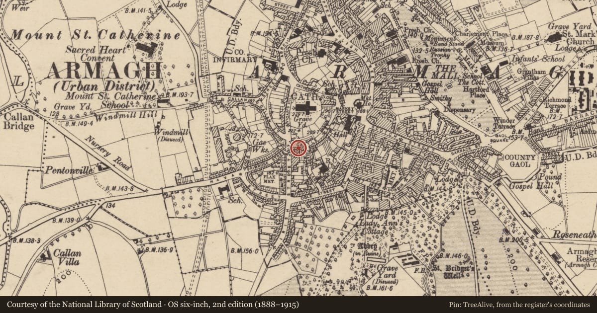 Ordnance Survey six-inch map, 2nd edition (1888–1915) covering the location of 52, 52A, 54, 56, 58 Castle Street, Armagh City, Banbridge and Craigavon, with a pin at the register's coordinates