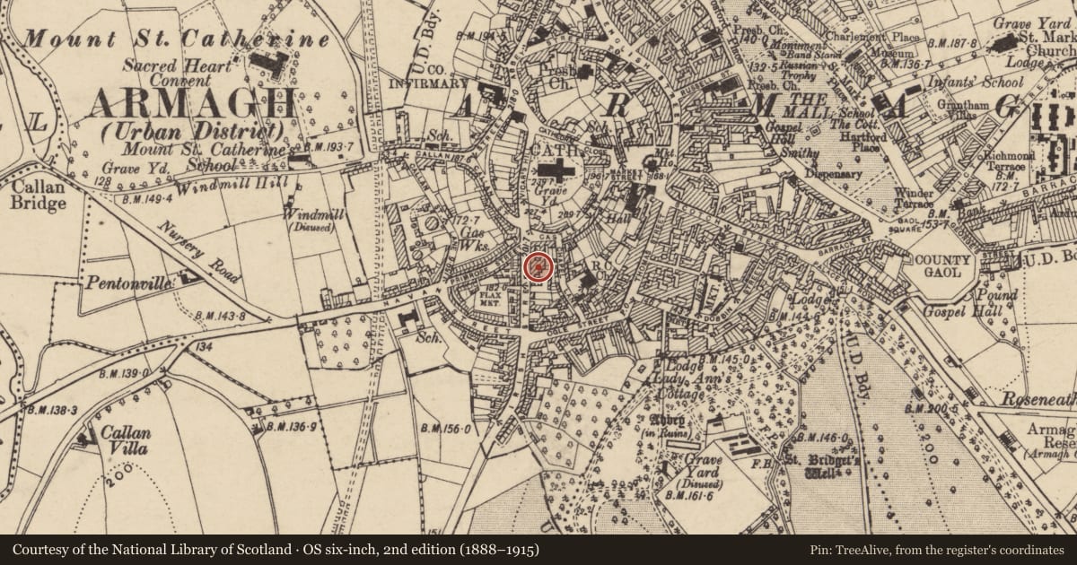 Ordnance Survey six-inch map, 2nd edition (1888–1915) covering the location of 2, 4 , 6 , 8, 10 & 12 Upper Irish Street, Armagh City, Banbridge and Craigavon, with a pin at the register's coordinates