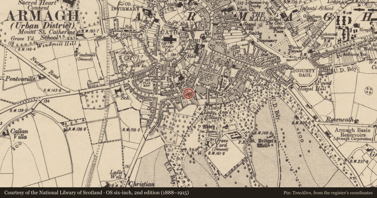 Ordnance Survey six-inch map, 2nd edition (1888–1915) covering the location of 18 Ogle St., Armagh City, Banbridge and Craigavon, with a pin at the register's coordinates
