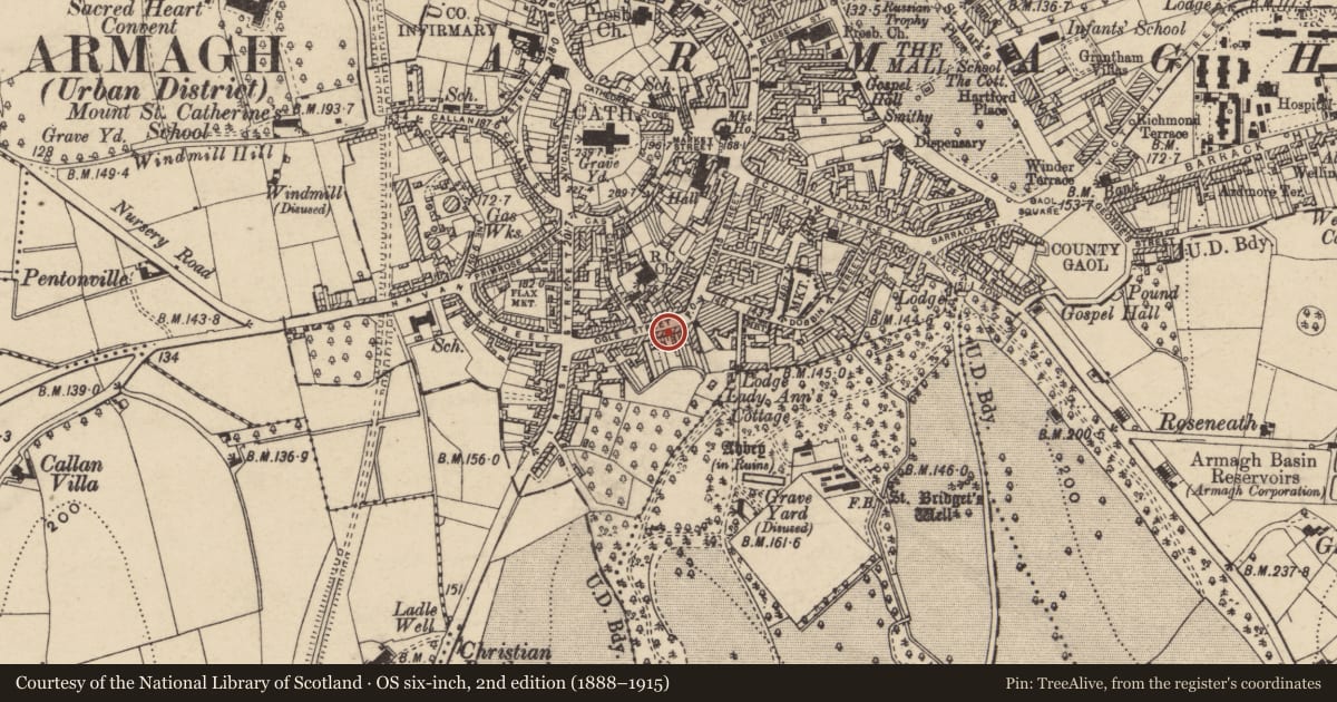 Ordnance Survey six-inch map, 2nd edition (1888–1915) covering the location of 20 Ogle St., Armagh City, Banbridge and Craigavon, with a pin at the register's coordinates