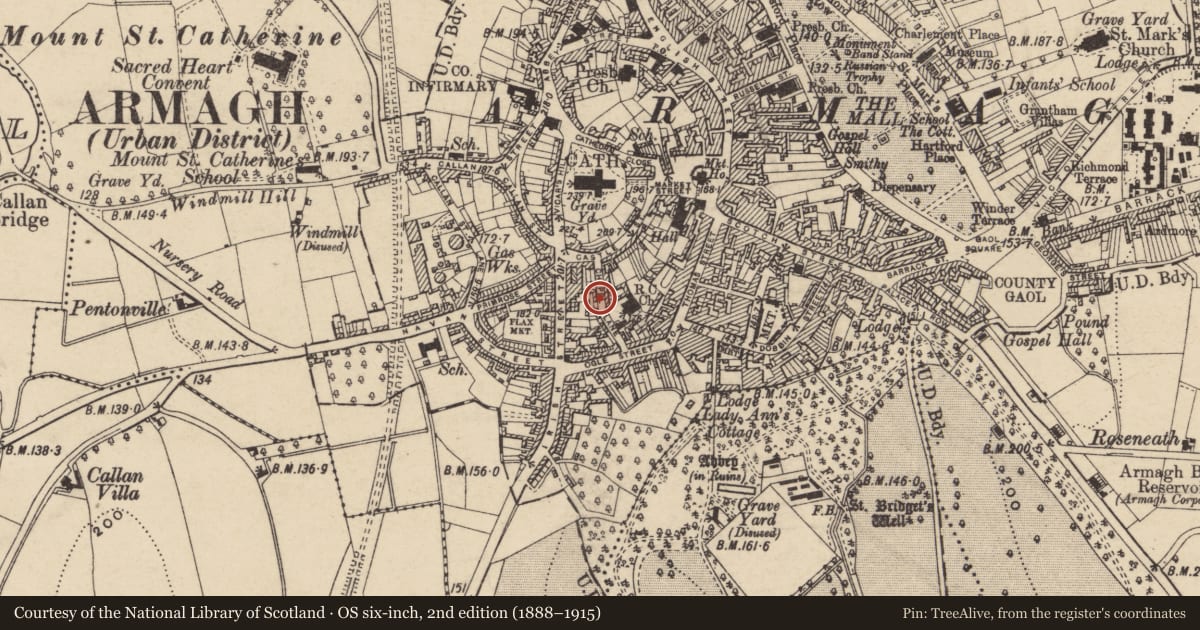 Ordnance Survey six-inch map, 2nd edition (1888–1915) covering the location of 32 AND 34 Chapel Lane, Armagh City, Banbridge and Craigavon, with a pin at the register's coordinates
