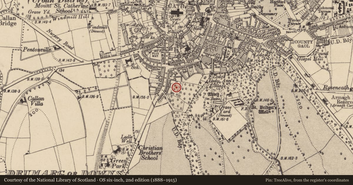 Ordnance Survey six-inch map, 2nd edition (1888–1915) covering the location of St. Malachy'S R C CHURCH, Armagh City, Banbridge and Craigavon, with a pin at the register's coordinates
