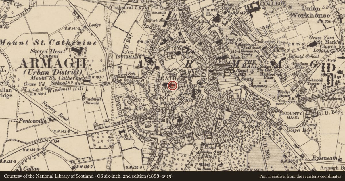 Ordnance Survey six-inch map, 2nd edition (1888–1915) covering the location of Boundary Wall And Railings Of The Cathedral Church Of St. Patrick, Armagh City, Banbridge and Craigavon, with a pin at the register's coordinates