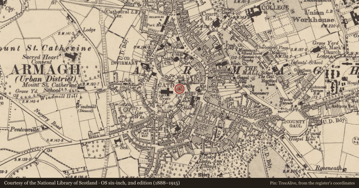 Ordnance Survey six-inch map, 2nd edition (1888–1915) covering the location of 15 Cathedral Close, Armagh City, Banbridge and Craigavon, with a pin at the register's coordinates