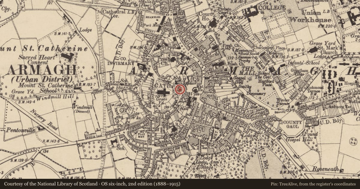 Ordnance Survey six-inch map, 2nd edition (1888–1915) covering the location of 16 Cathedral Close, Armagh City, Banbridge and Craigavon, with a pin at the register's coordinates