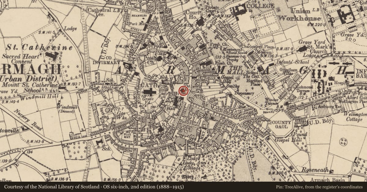 Ordnance Survey six-inch map, 2nd edition (1888–1915) covering the location of Armagh Technical Institution, Armagh City, Banbridge and Craigavon, with a pin at the register's coordinates