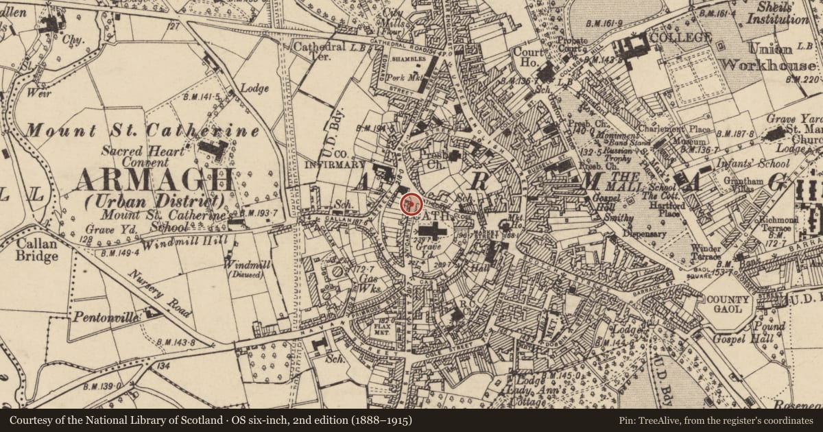 Ordnance Survey six-inch map, 2nd edition (1888–1915) covering the location of 1 Vicar'S Hill, Armagh City, Banbridge and Craigavon, with a pin at the register's coordinates