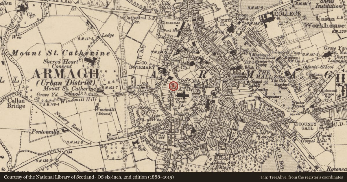 Ordnance Survey six-inch map, 2nd edition (1888–1915) covering the location of 2 Vicar'S Hill, Armagh City, Banbridge and Craigavon, with a pin at the register's coordinates