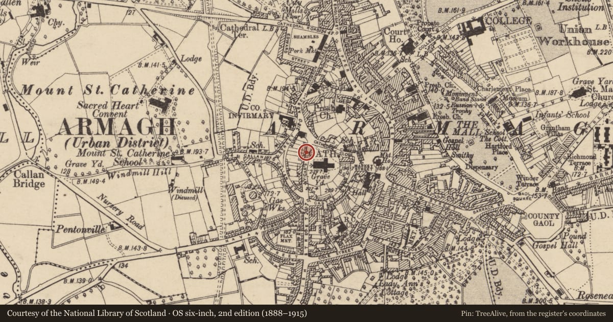Ordnance Survey six-inch map, 2nd edition (1888–1915) covering the location of 3 Vicar'S Hill, Armagh City, Banbridge and Craigavon, with a pin at the register's coordinates