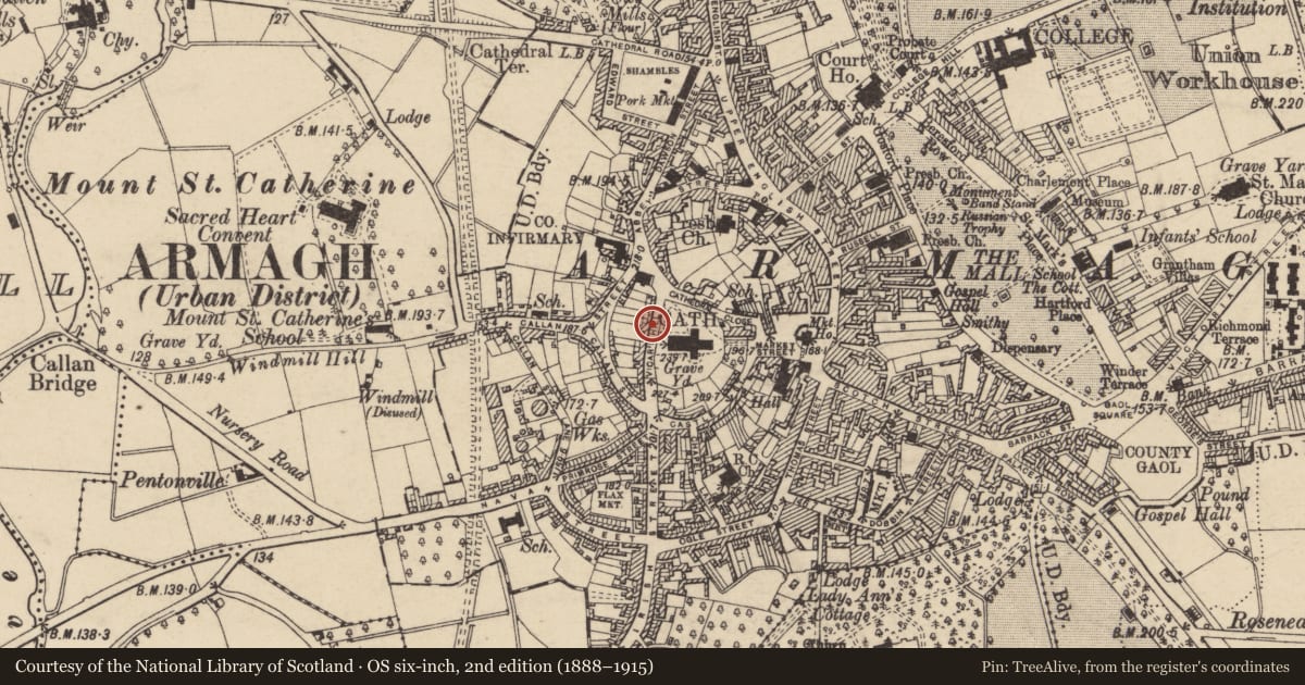 Ordnance Survey six-inch map, 2nd edition (1888–1915) covering the location of 4 Vicar'S Hill, Armagh City, Banbridge and Craigavon, with a pin at the register's coordinates