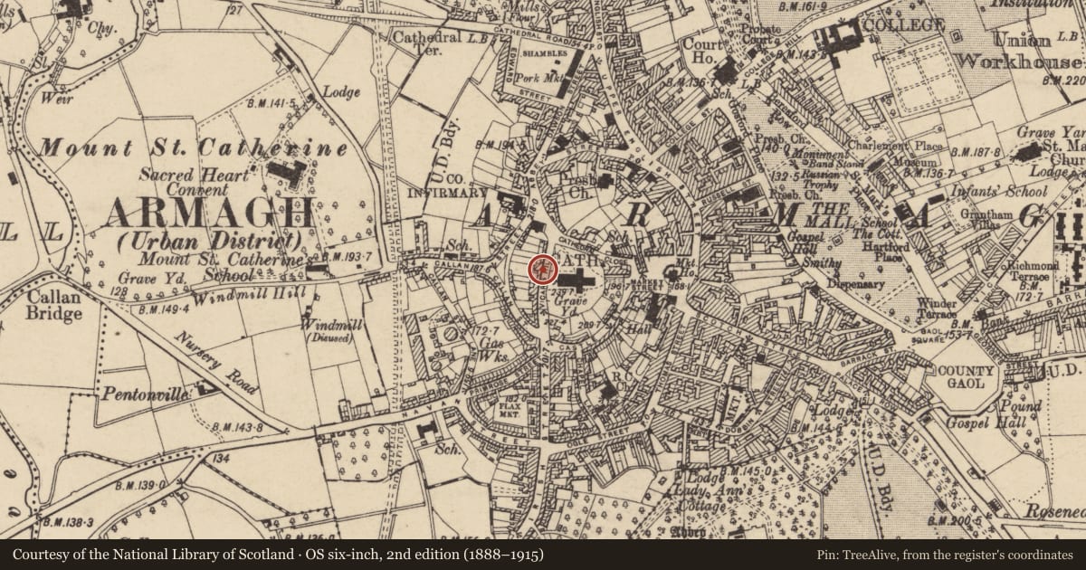 Ordnance Survey six-inch map, 2nd edition (1888–1915) covering the location of 5 Vicar'S Hill, Armagh City, Banbridge and Craigavon, with a pin at the register's coordinates