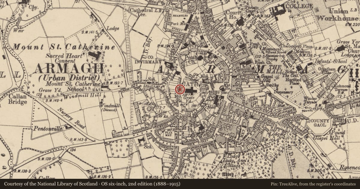 Ordnance Survey six-inch map, 2nd edition (1888–1915) covering the location of 6 Vicar'S Hill, Armagh City, Banbridge and Craigavon, with a pin at the register's coordinates