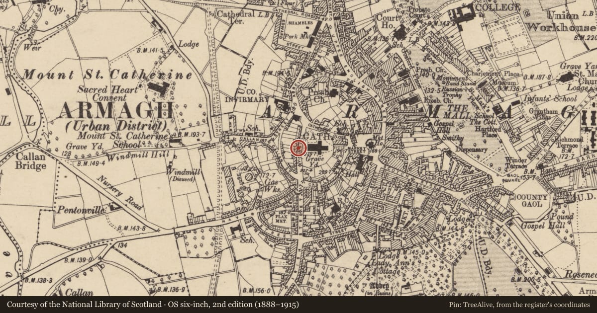 Ordnance Survey six-inch map, 2nd edition (1888–1915) covering the location of 7 Vicar'S Hill, Armagh City, Banbridge and Craigavon, with a pin at the register's coordinates