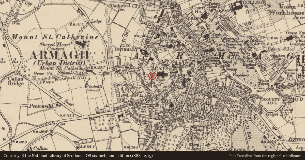 Ordnance Survey six-inch map, 2nd edition (1888–1915) covering the location of 8 Vicar'S Hill, Armagh City, Banbridge and Craigavon, with a pin at the register's coordinates