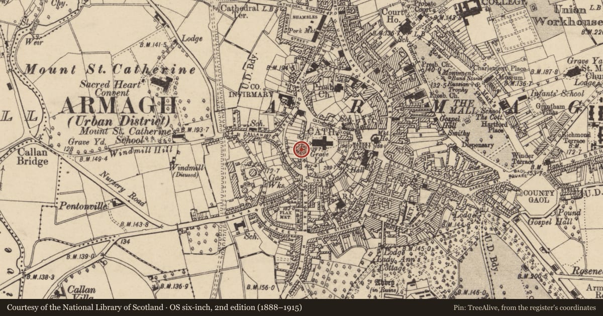 Ordnance Survey six-inch map, 2nd edition (1888–1915) covering the location of 9 Vicar'S Hill, Armagh City, Banbridge and Craigavon, with a pin at the register's coordinates