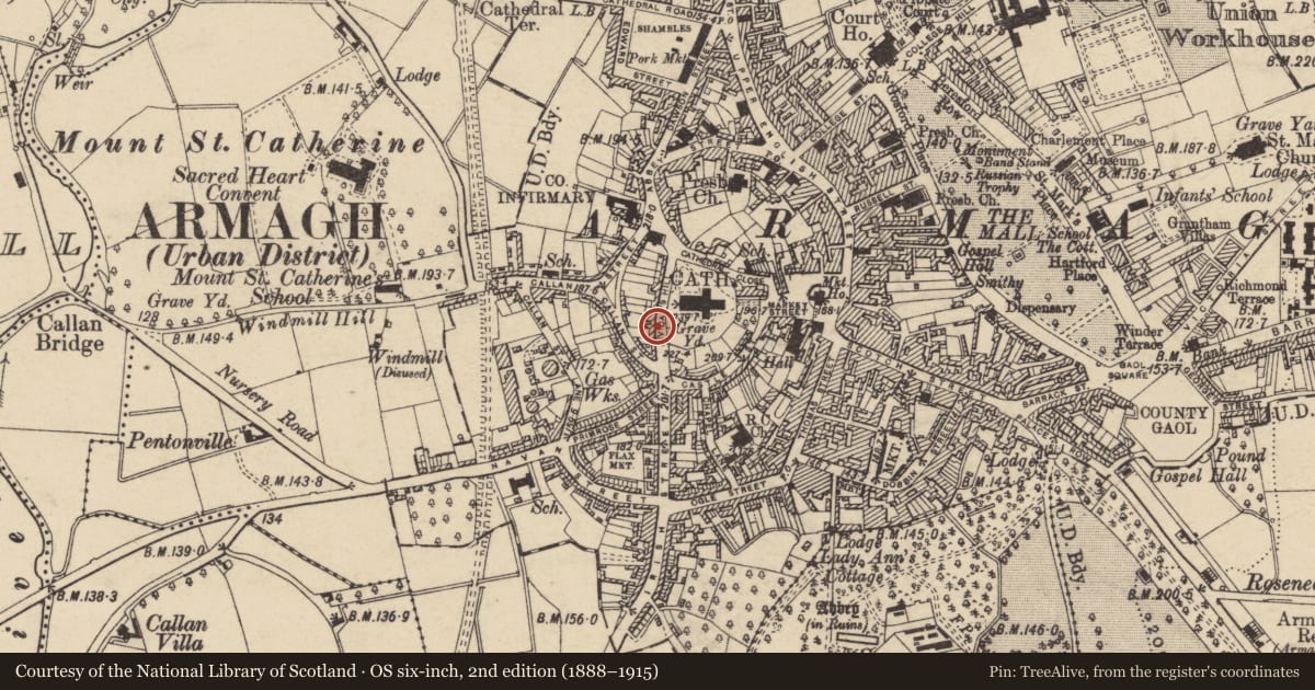 Ordnance Survey six-inch map, 2nd edition (1888–1915) covering the location of 10 Vicar'S Hill, Armagh City, Banbridge and Craigavon, with a pin at the register's coordinates