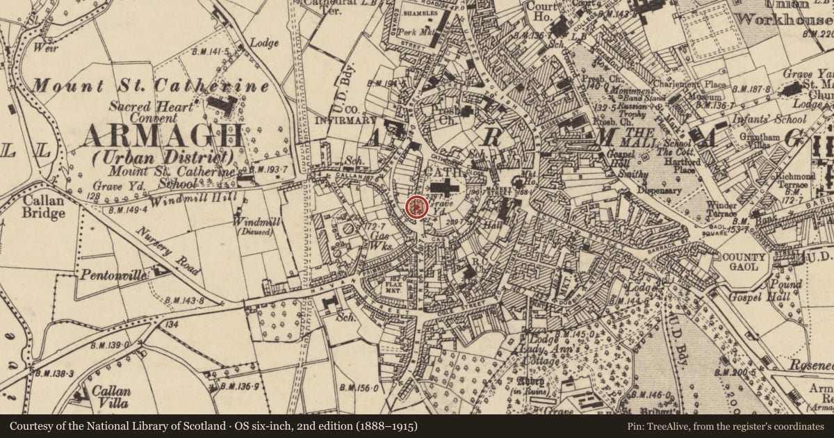 Ordnance Survey six-inch map, 2nd edition (1888–1915) covering the location of 11 Vicar'S Hill, Armagh City, Banbridge and Craigavon, with a pin at the register's coordinates