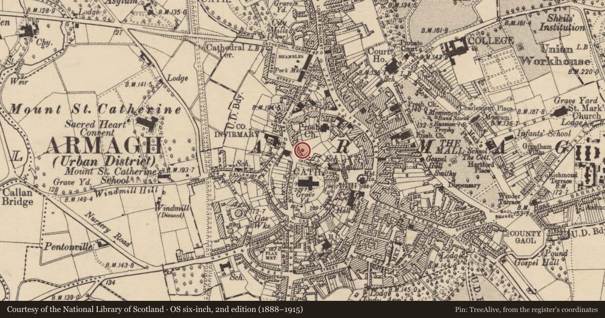 Ordnance Survey six-inch map, 2nd edition (1888–1915) covering the location of Diocesan Office And Hall, Armagh City, Banbridge and Craigavon, with a pin at the register's coordinates