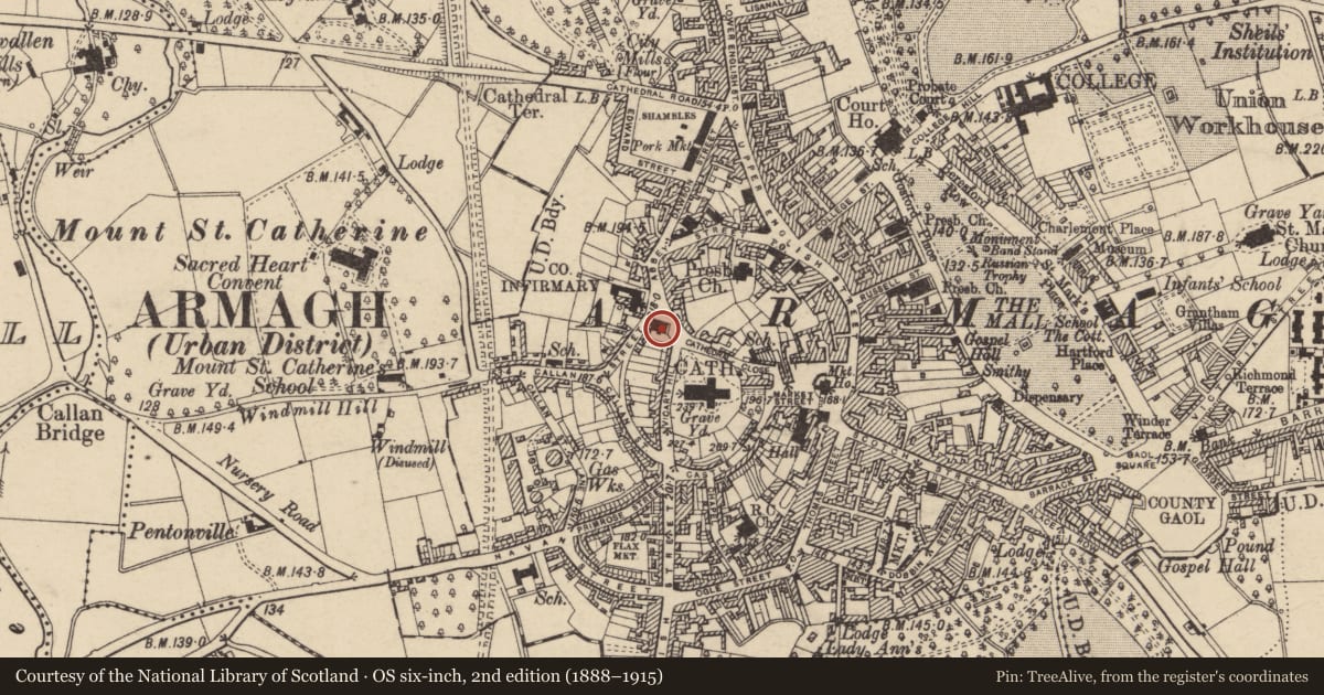 Ordnance Survey six-inch map, 2nd edition (1888–1915) covering the location of Public Library, Armagh City, Banbridge and Craigavon, with a pin at the register's coordinates