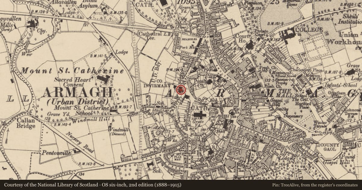 Ordnance Survey six-inch map, 2nd edition (1888–1915) covering the location of Church, Armagh City, Banbridge and Craigavon, with a pin at the register's coordinates